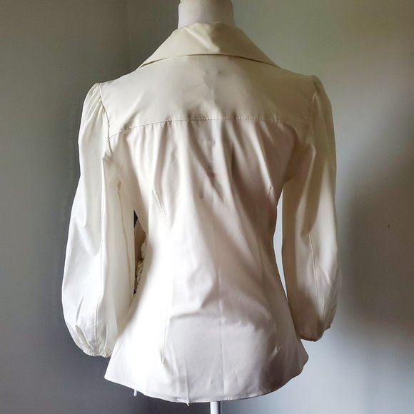 DKNY Couture Style Sculpted Poet Blouse Faux Wrap Balloon Sleeve Collared V Neck - Picture 5 of 10